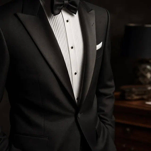 Close-up of a black bespoke tuxedo with silk lapel, pleated dress shirt and white pocket square