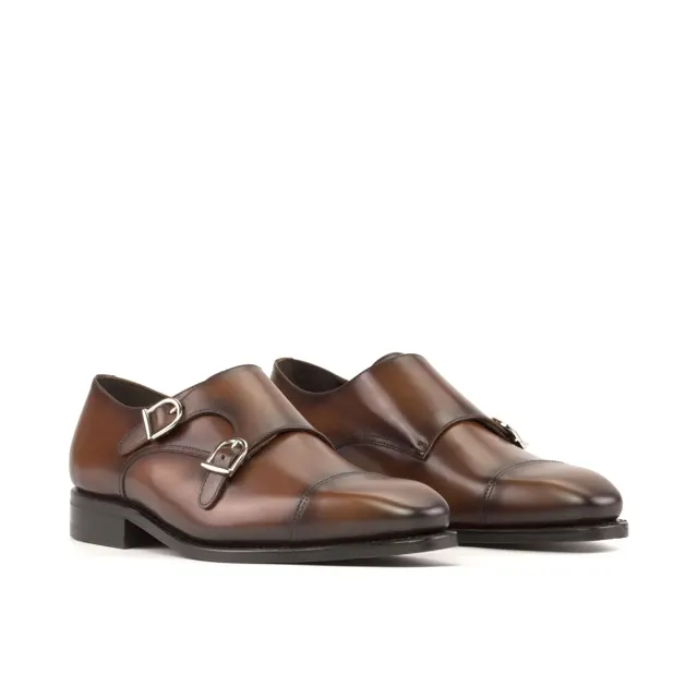 Double monk strap cap-toe shoe in medium brown box calf