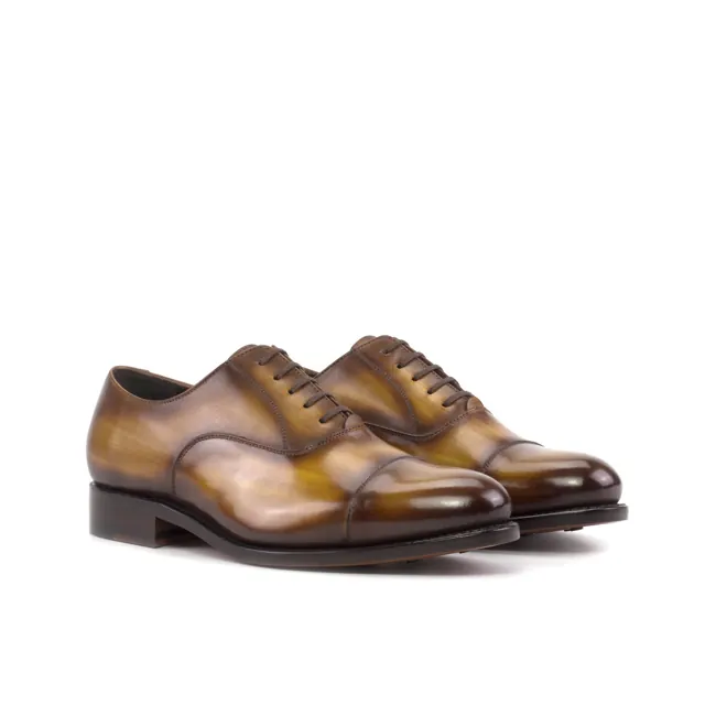 Patina cap-toe Oxford dress shoe in tobacco and olive, Goodyear welted