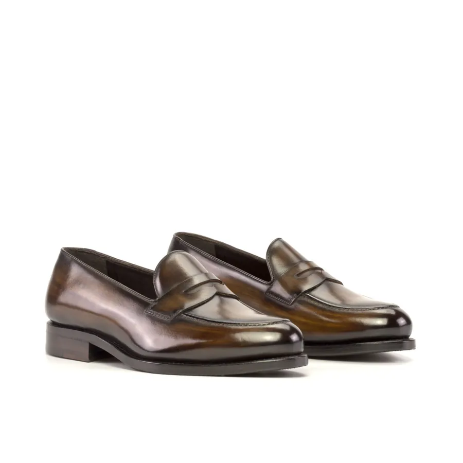 Olive Patina Penny Loafer in olive & espresso patina, made-to-order bespoke shoe