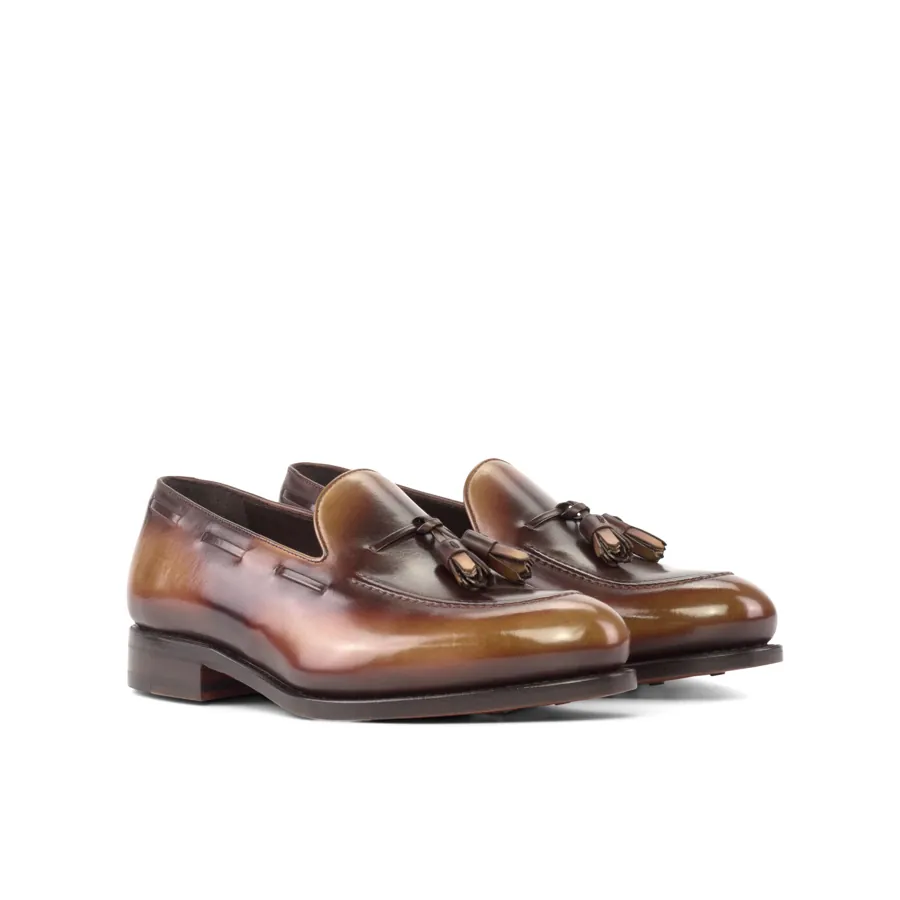Tobacco Patina Tassel Loafer in tobacco & dark brown patina, made-to-order bespoke shoe