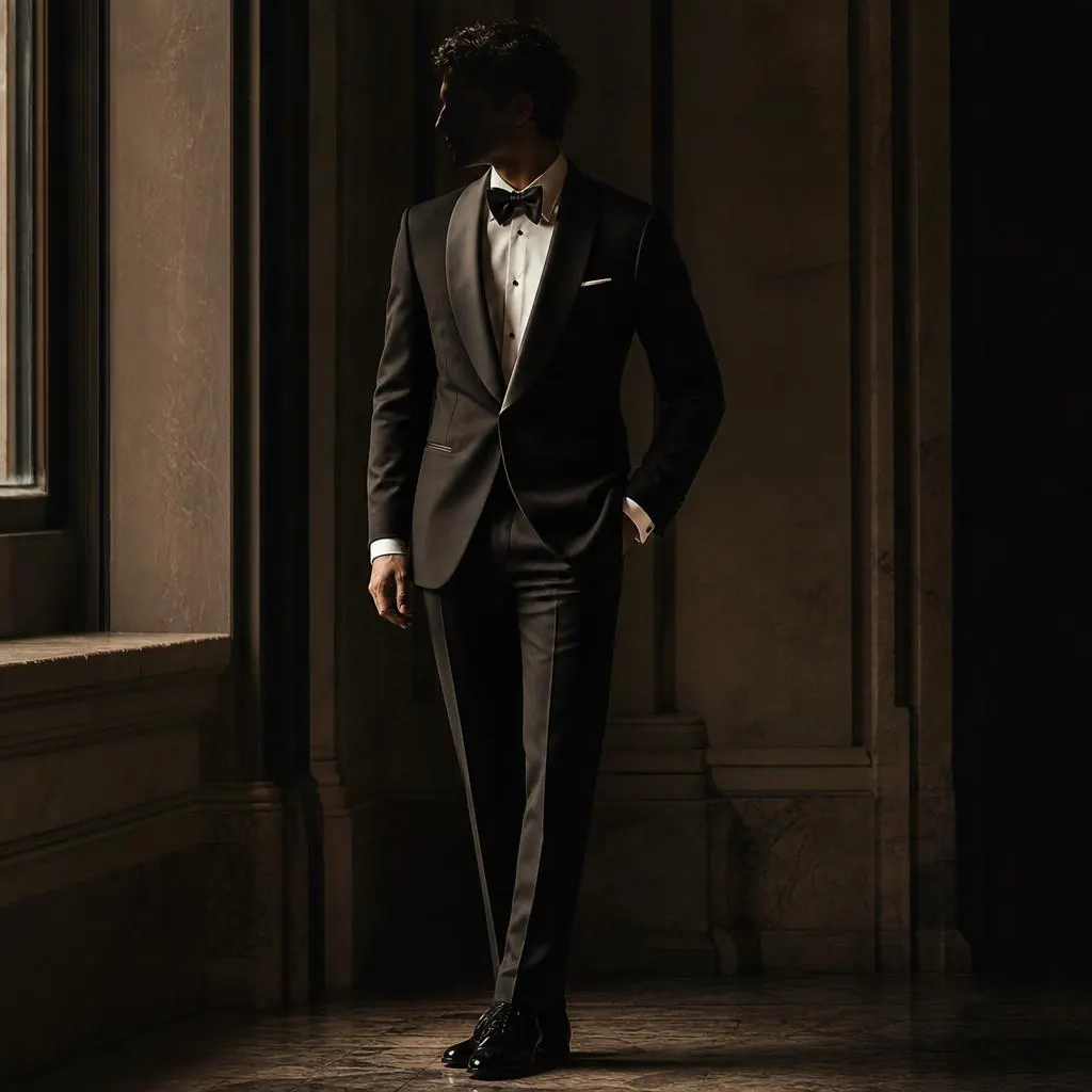 Gentleman in a bespoke black tuxedo by a tall window